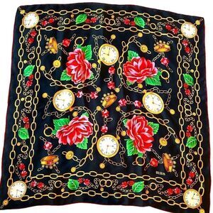 Vintage BILL BLASS SILK  roses, pocket watches, chain scarf-black red gold